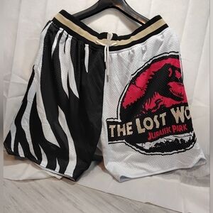 NEW Jurassic Park The Lost World Lined Mesh Graphic Shorts White Red Black SZ Lg